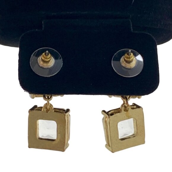 NWT Double Square Yellow Crystal Gold Frame Statement Dangle Drop Stud Earrings - Picture 4 of 7